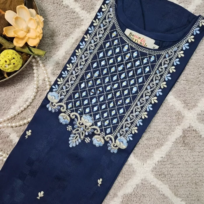 Dark Blue color kurthi with heavy mirror work embroidery on the yoke part