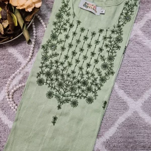 Light Green color kurthi with Dark Green Color thread embroidery on the yoke part