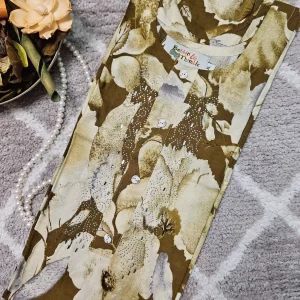 Dark Bron & Light Brown colour combination printed kurthi with stone studs work on the yoke part