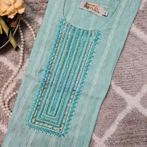Turquoise Blue color kurthi with beeds thread embroidery work on the yoke part