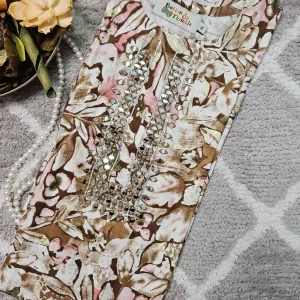 Multi color printed kurthi with mirror work on the yoke part