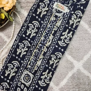 Black color printed fabric with tminimal mirror work on the yoke part