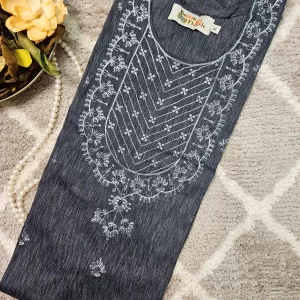 Dark gray color kurthi with self color thread embroidery work on the yoke part