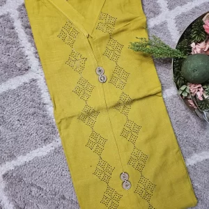 yellow color kurthi with Studs embroidery work on it